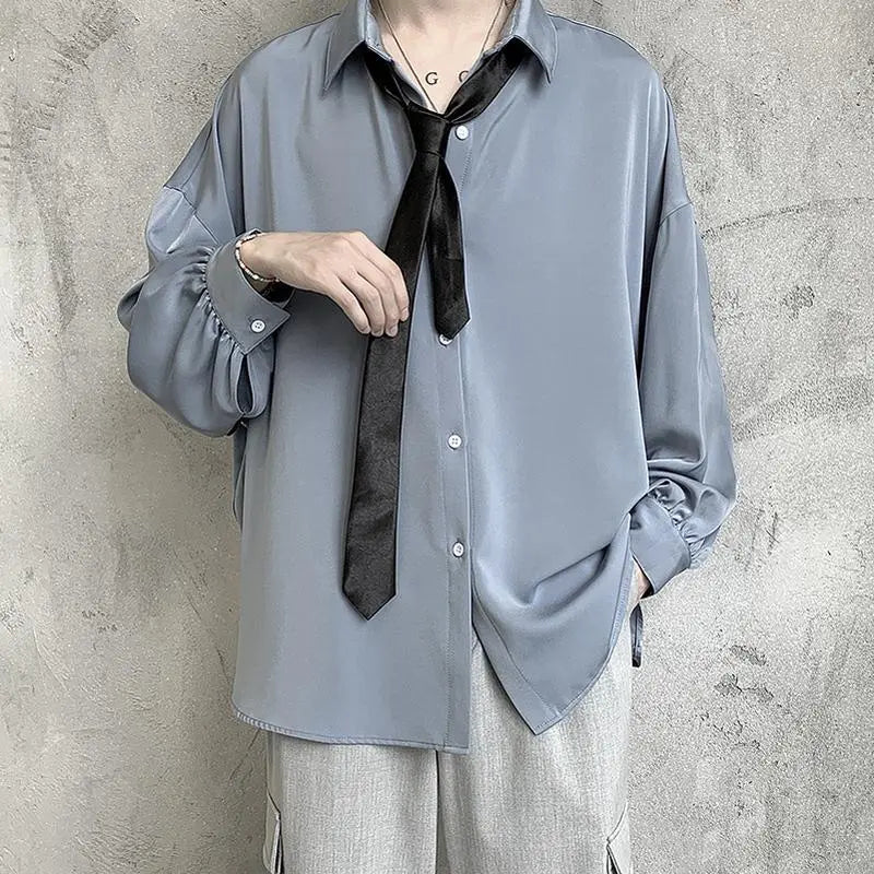 maoxiangshop Black Long-sleeved Shirts Men Korean Comfortable Blouses Casual Loose Single Breasted Shirt With Tie