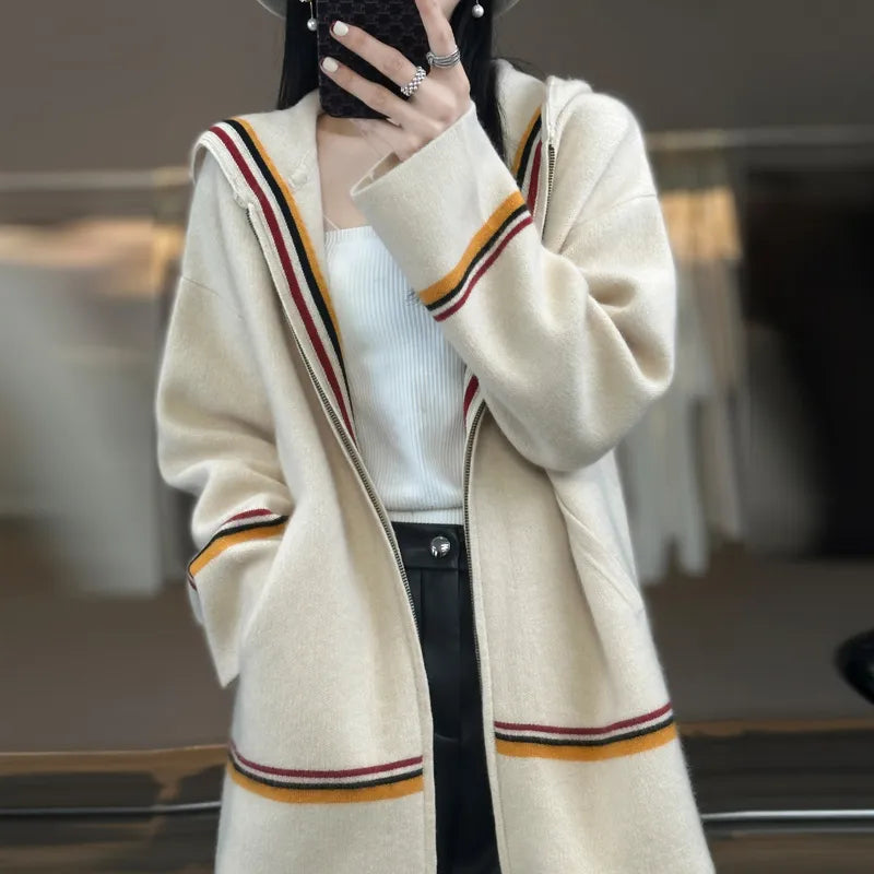 100% Merino Wool Cardigan Women's Hooded Collar Cashmere Coat Casual Knitted Thickened Jacket Fashion Korean Autumn/Winter Top