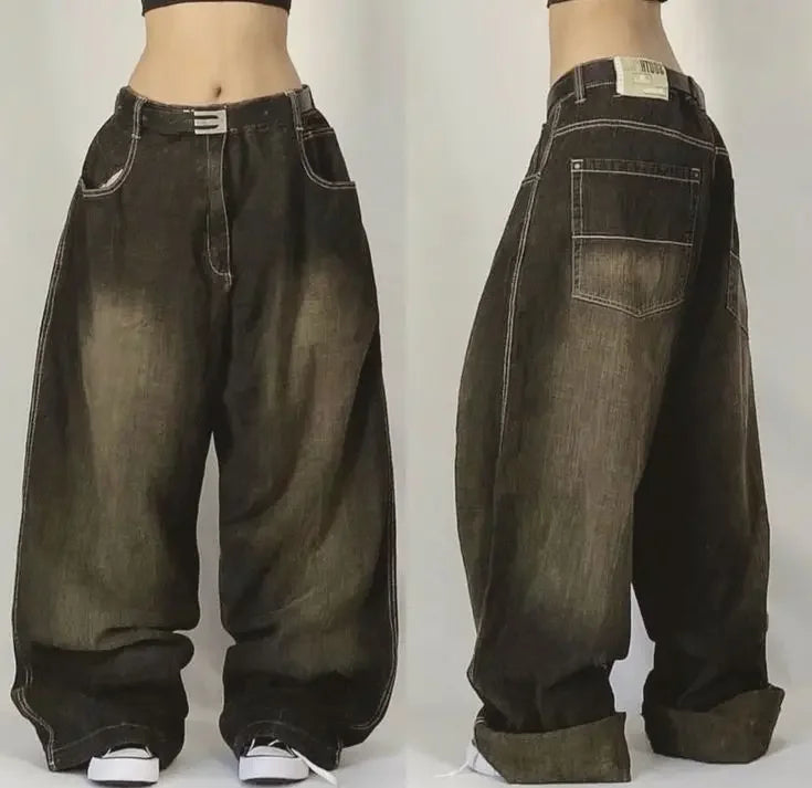 maoxiangshopStreet Vintage Jeans New Y2K Harajuku Wash blue Multiple pockets Baggy Jeans Denim Pants Mens Womens High Waist Wide Trousers