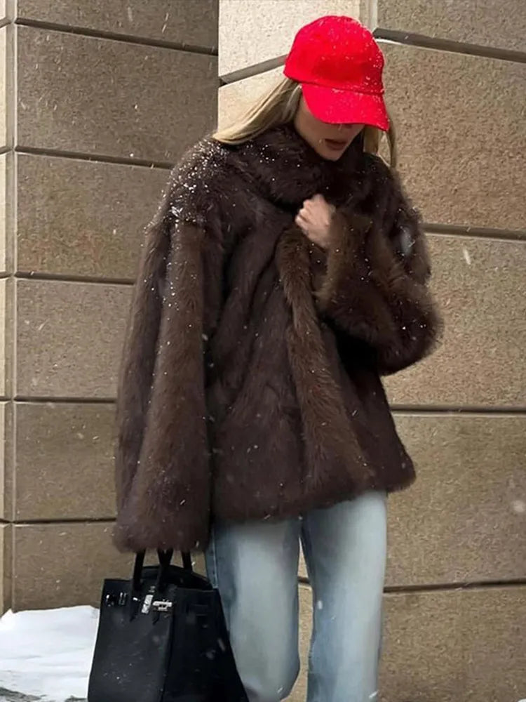 maoxiangshop - Solid Faux Fur Women Overcoat Lapel Thicken Warm Lady Jacket 2024 Fashion Elegant Autumn Winter All Match Loose Female Coat