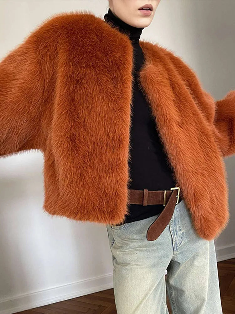 maoxiangshop - Elegant Faux Fur Women Coat Thicken Full Sleeve O Neck Lady Short Jacket 2024 Autumn Winter Warm Highstreet Female Outwear