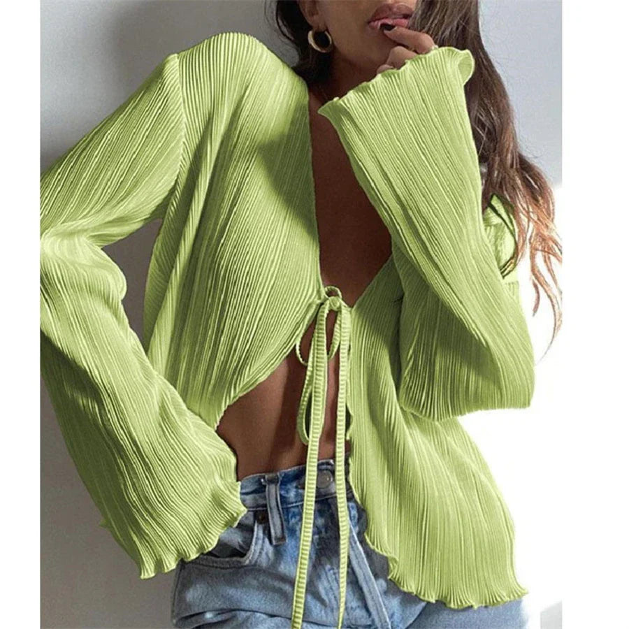 maoxiangshop1 wsevypo Women Pleated Plain Shirts Spring Fall Chic Long Flare Sleeve V- Neck Tie Up Cardigans Tops for Casual Party Street