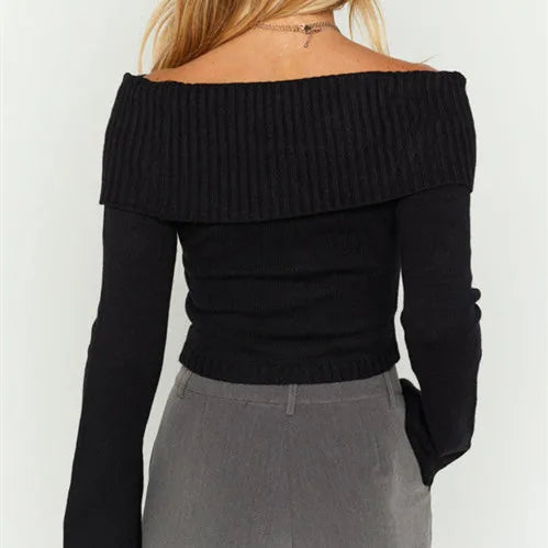 maoxiangshop Women Slash Neck Knitted Sweaters Tops Streetwear Long Sleeve Off Shoulder Ribbed Pullovers Slim Fit Causal Jumpers