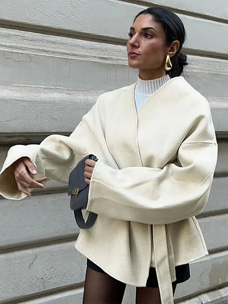 maoxiangshop - Elegant Fleece Women's Coat With Belt Solid V-neck Long Sleeve Lace Up Jacket Cardigan Autumn Winter Coats Female Tops Outwear