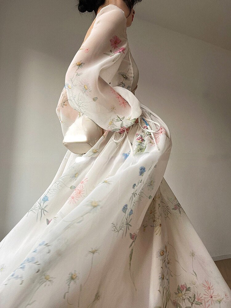 maoxiangshop French Elegant Floral Midi Dress Chiffon Long Sleeve Evening Party Dress Woman Beach Fairy One Piece Dress Korean Summer