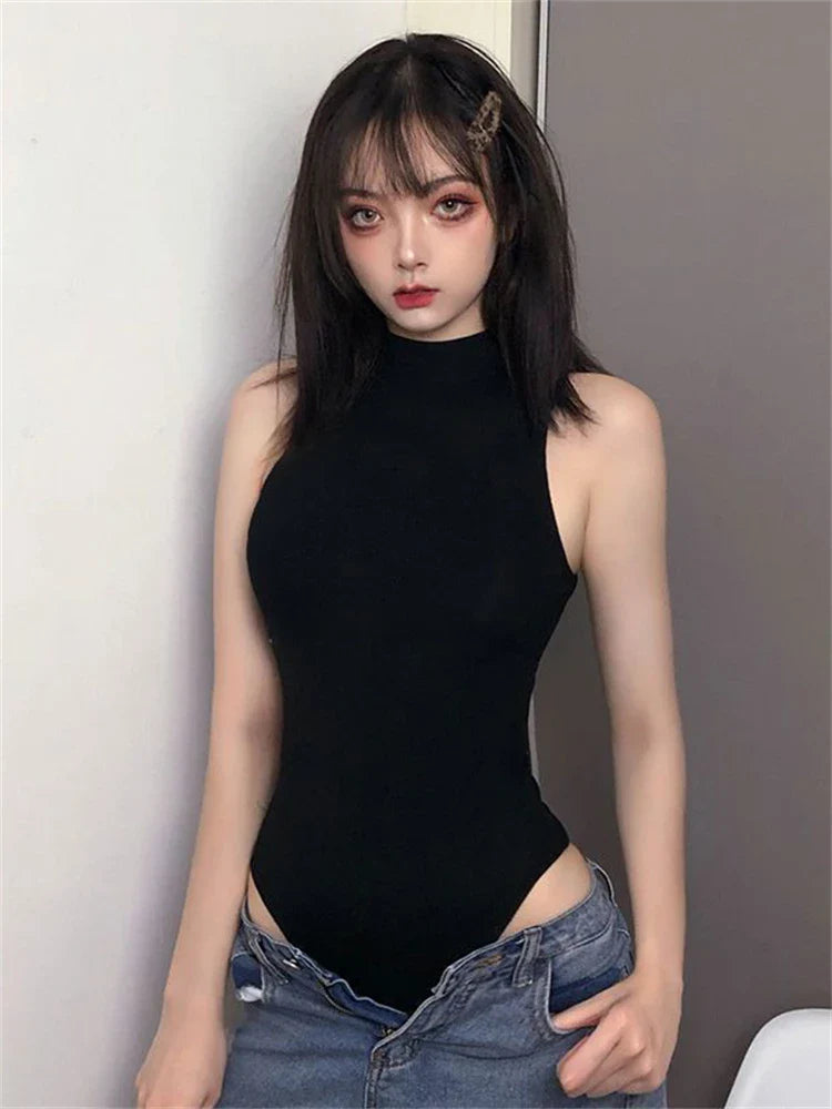 maoxiangshop Harajuku Solid Jumpsuit Women Sleeveless Bodycon Sexy Black Body Tops Fashion Streetwear Vintage Y2k Gothic Bodysuits Clothing