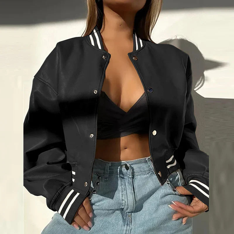 maoxiangshop - Y2K Motorcycle Girls PU Leather Outerwear 2024 Women Striped Baseball Single Breasted Jackets Fall Winter Long Sleeve Coats