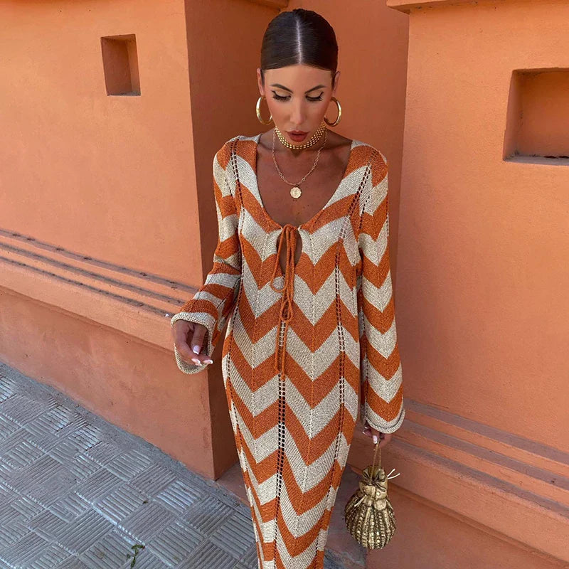 maoxiangshop - Autumn New Lace Up Hollow Sexy Beach Cover Up Dress Women's Stripled Long Sleeve Slim Elegant Knitted Maxi Dress V Neck