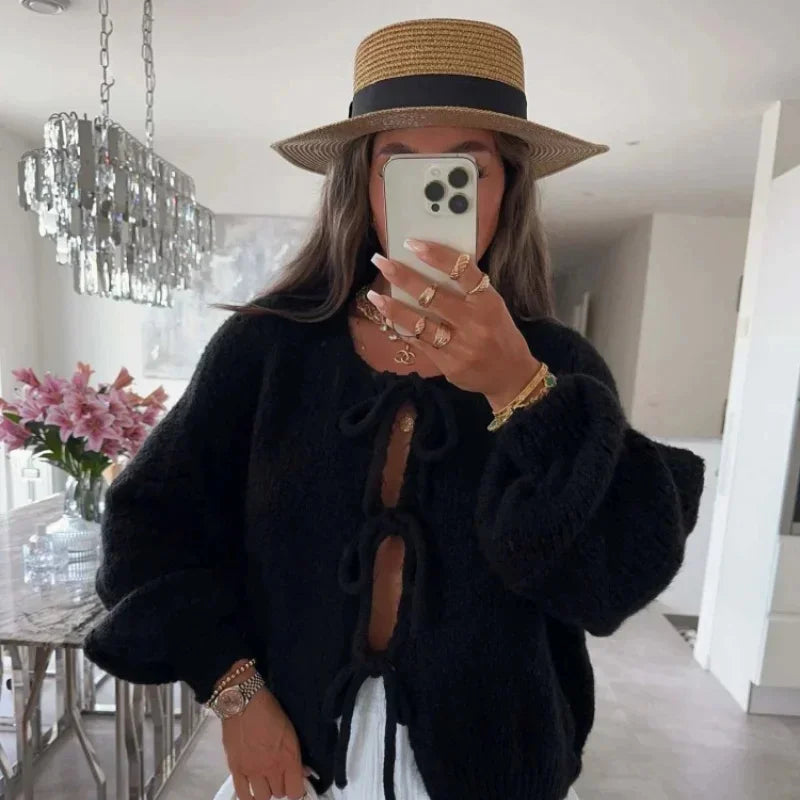 maoxiangshop - Fashion Lace Up Bow Knitted Cardigan Woman O Neck Long Sleeve Hollow Out Sweater Coat Autumn Female Casual High Street Knitwear