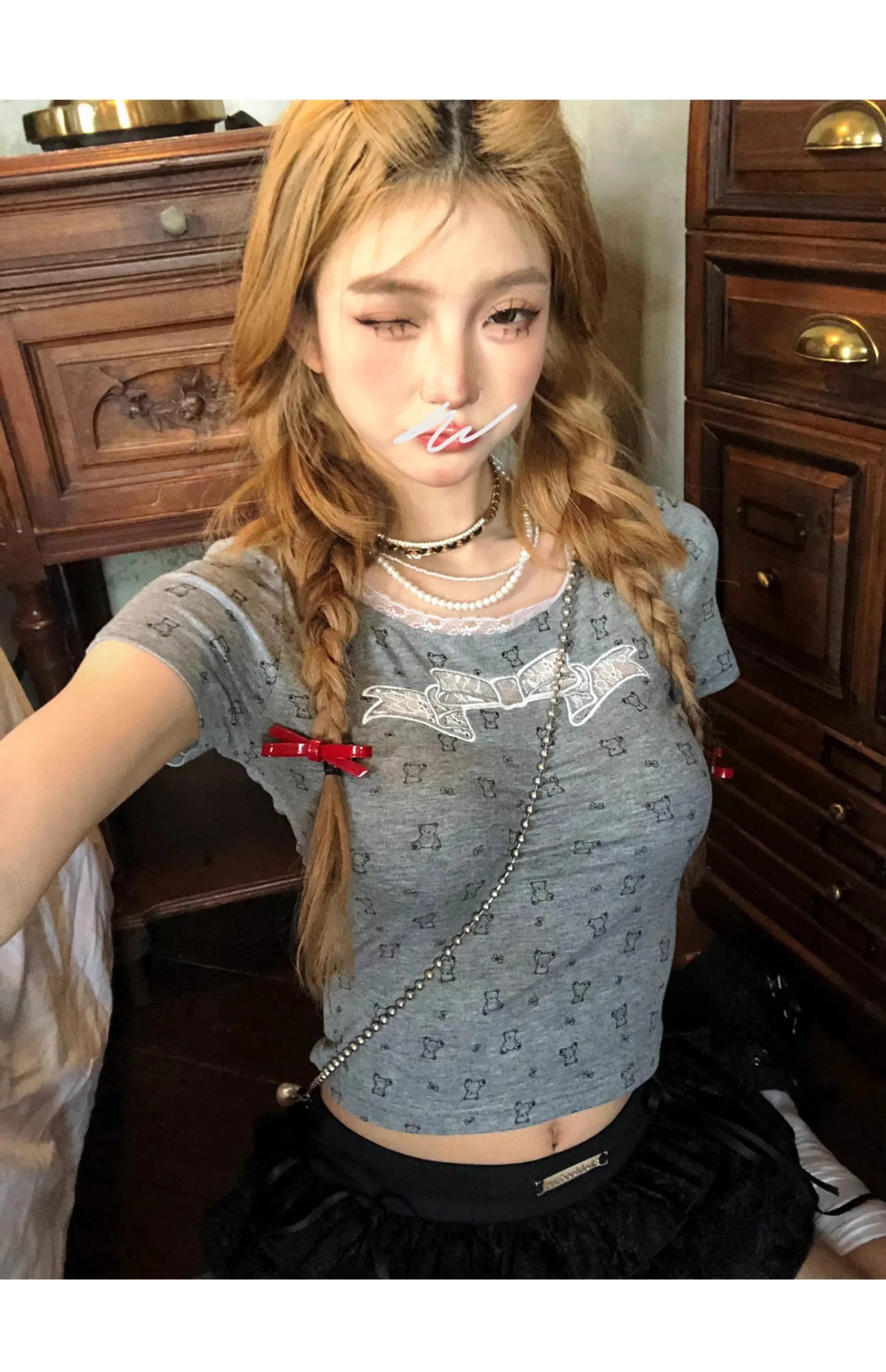 maoxiangshop - 2024 Coquette Unique Kawaii Cute Bow Bear Print Crop Lace T Shirt Women Summer Fashion Japanese Sweet Girls Fashion Cropped Tops