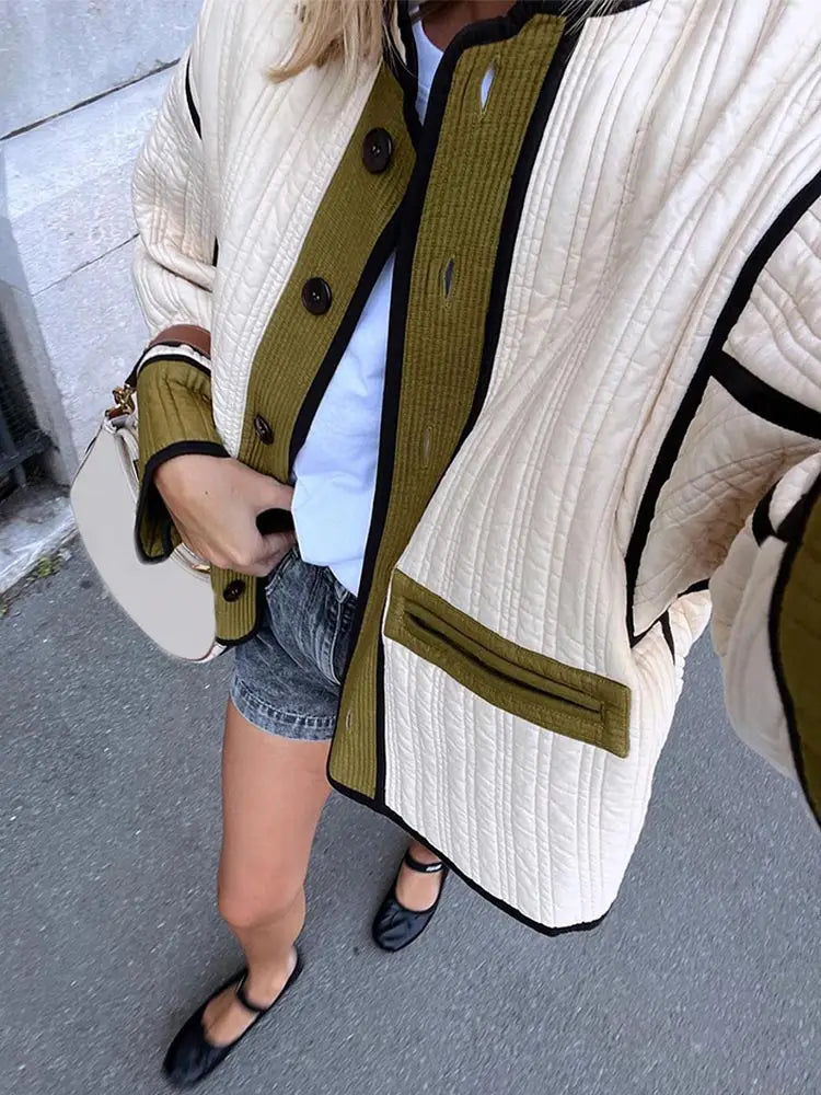 maoxiangshop - 2024 Women Chic Contrast Patchwork Cotton Jacket Elegant Stand Collar Single Breasted Pockets Coat Fall Winter Lady Chic Outwear