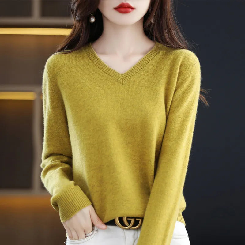 maoxiangshop Cashmere Sweater Women's Knitting Sweater 100% Pure Merino Wool Winter Fashion Basic V-neck Chic Top Autumn Warm Pullover