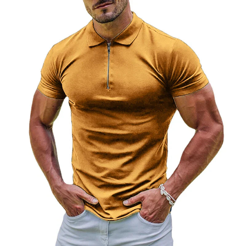 maoxiangshop New Elastic Polos Solid Color Shirt Men's Sports Tshirt Zipper Short Sleeve Slim T-shirt Casual Gym Loose Lapel Basic Tops