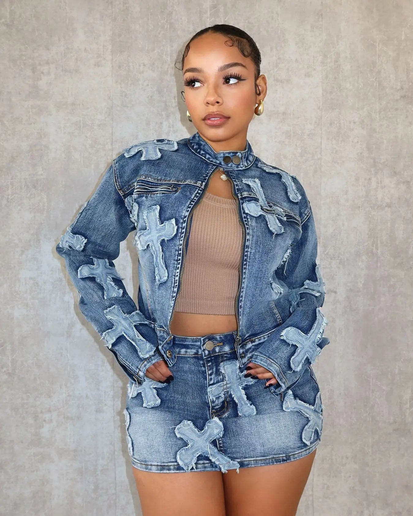 maoxiangshop-Denim Skirt Outfit Set Sexy Women Elegant Two Pieces Jeans Club Matching Set Top+Mini Skirt