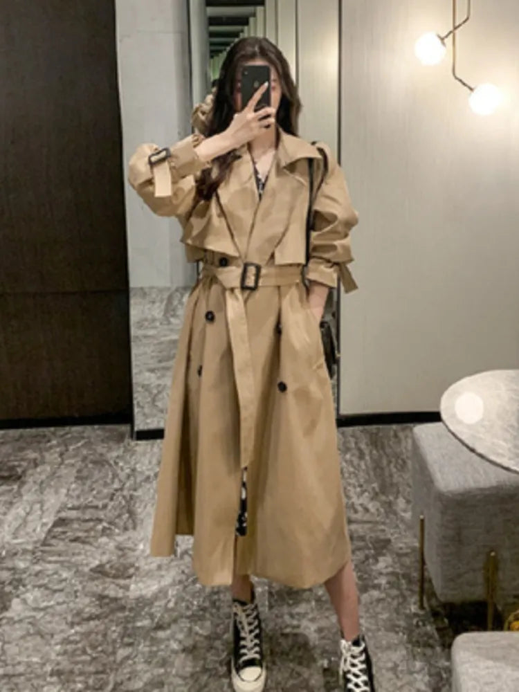 Lapel Women Trench Coat Topcoat Double-breasted Casual Coat Pure Color Autumn Winter Overgarment Waistband Windbreak Jacket