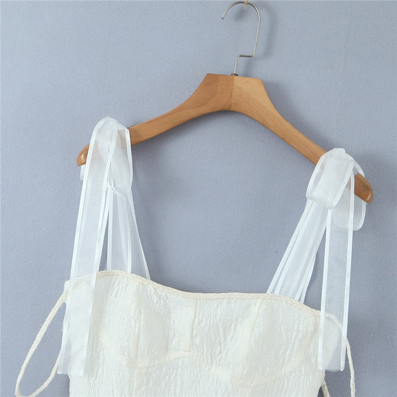 maoxiangshop White Strap Dress Spring Summer New Sexy Holiday Fashion Slim Waist Hollow Tie Short Mini Dress For Women
