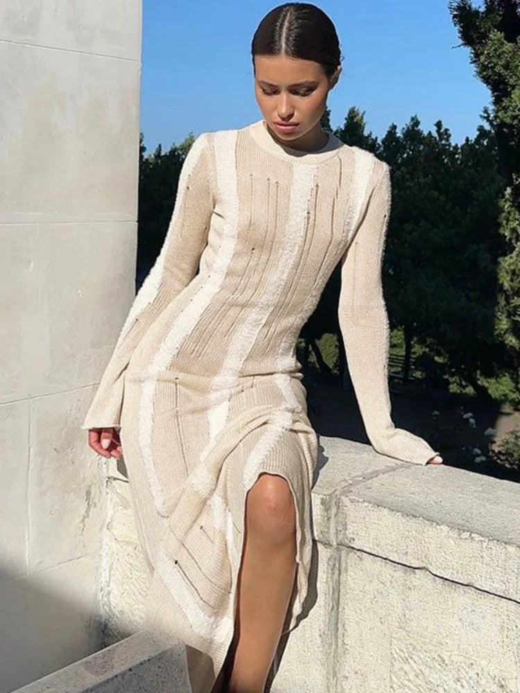 maoxiangshop - Autumn Winter Long Knitted Dress Round Neck Long Sleeve Hole Bodycon Dress Elegant Party Evening Khaki Maxi Dresses for Women