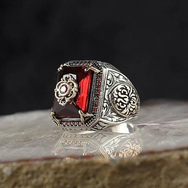 maoxiangshop Retro Handmade Turkish Signet Rings for Men Ancient Silver Color Carved Ring Mystic Zircon Inlay New Punk Motor Biker Ring