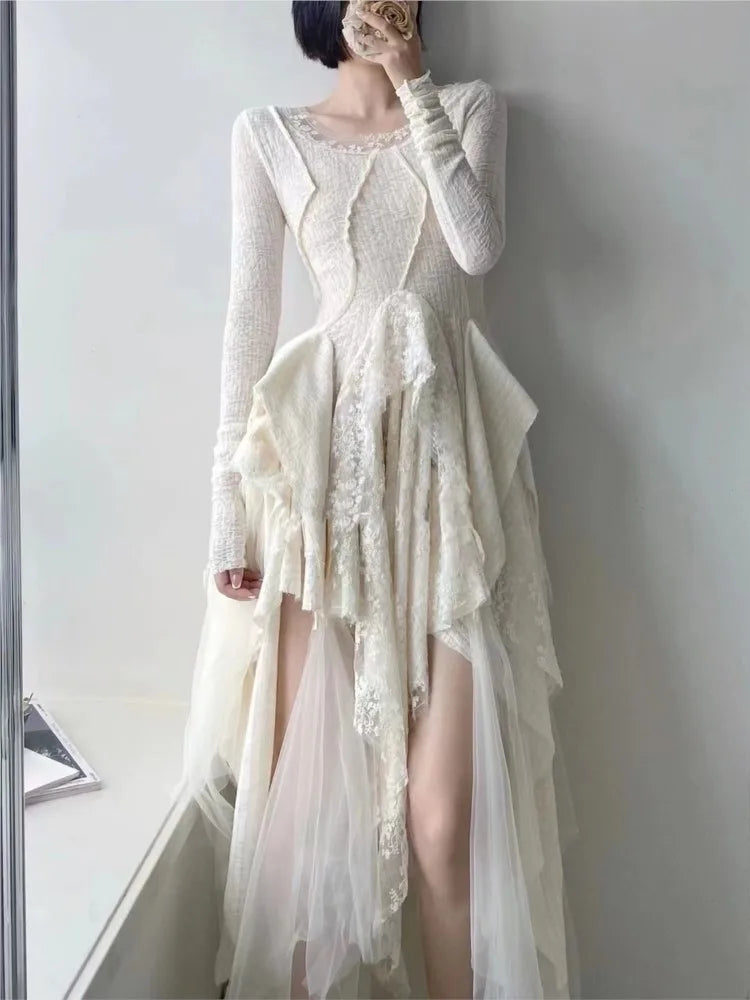 French Vintage Elegant Lace Dress Women Spring Summer New Irregular Splicing Long Bridesmaid Evening Party Dress Prom Robe
