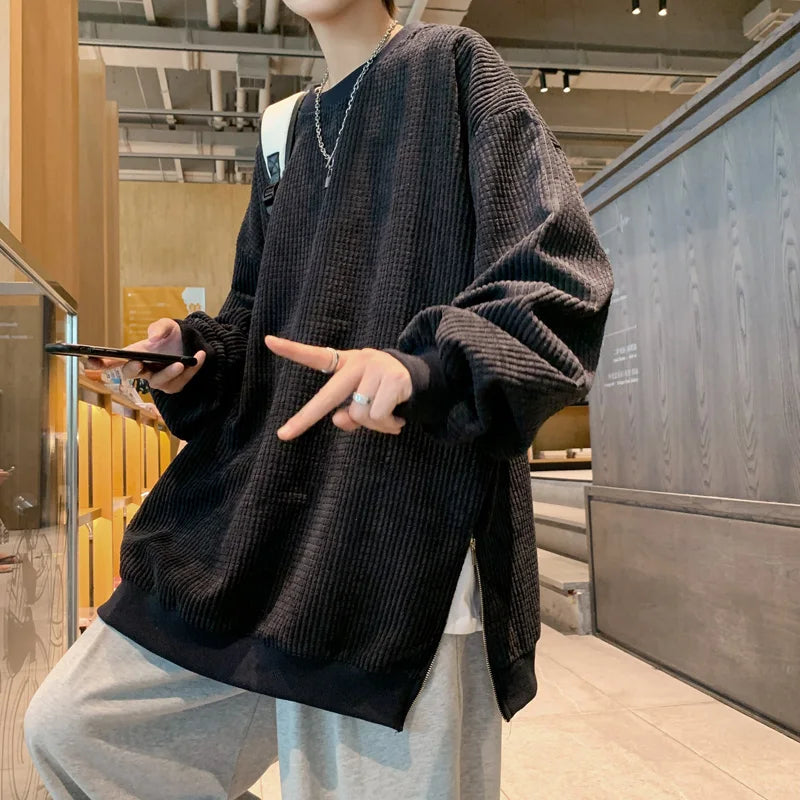 maoxiangshop Waffle Plaid Hoodies Side Zipper Sweatshirts Men Streetwear Solid Color Loose Casual Pullover Hoodies Men Autumn New
