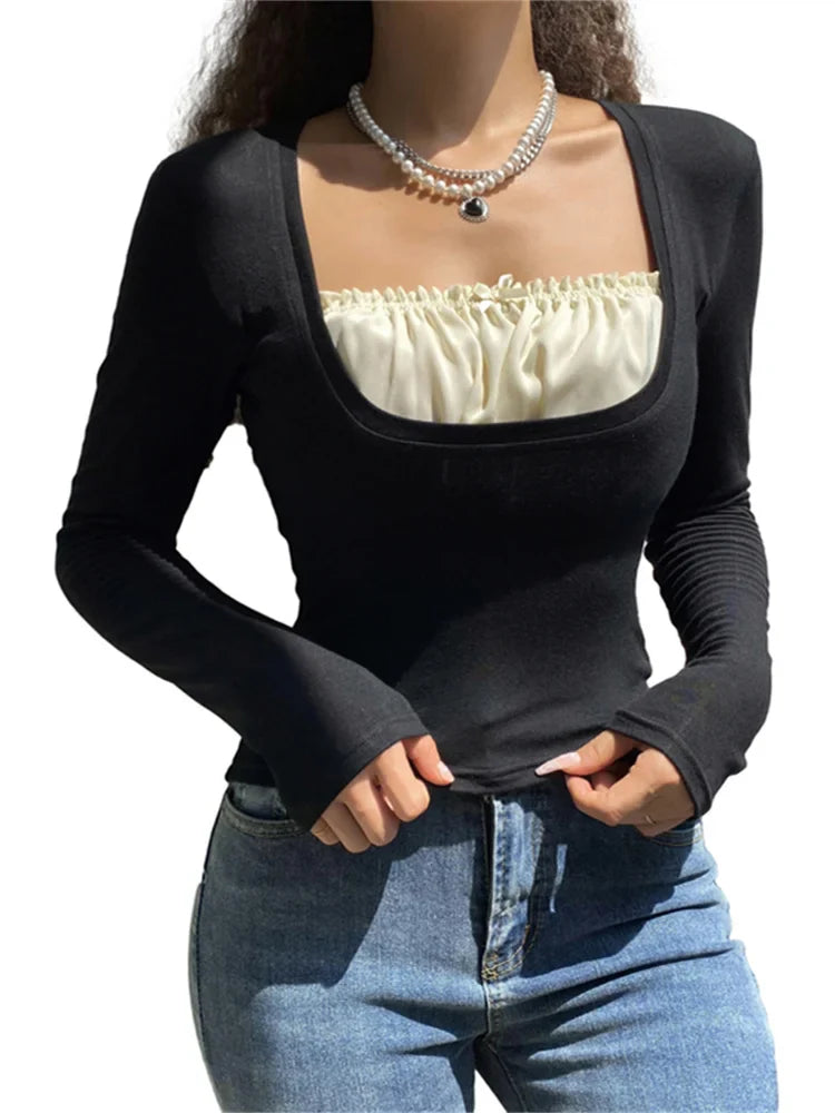 maoxiangshop Y2k Women's Long Sleeve Knitted Tops Lace Stitching Neckline Knitwear Bowknot Decoration Slim-Fit Tshirt Pullovers Clubwear
