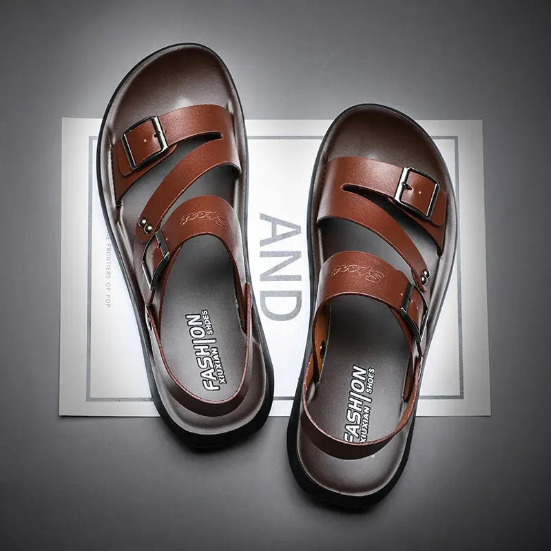 maoxiangshop Comfortable Men's Sandals Solid Color Open Toe Mens Leather Sandals New Slippers Beach for Male Leather Footwear