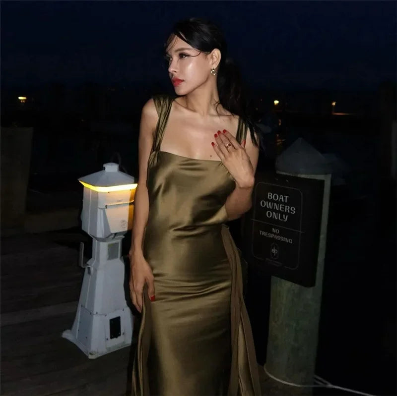 maoxiangshop - Sexy Backless Slip Long Dress For Women Elgant Draped Gown Clothes Bandage Sleeveless Slim Solid Color Dresses Autumn New