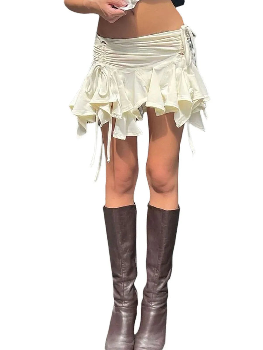 Women Solid Color Gothic Punk Irregular Skirts Summer Fashion Drawstring Tie-Up Ruched Ruffles Mini Skirt Black/White