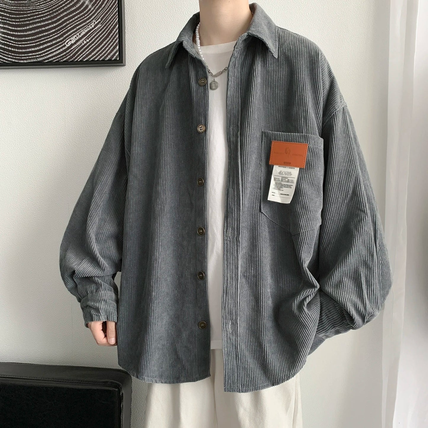 maoxiangshop Men Corduroy Shirts Harajuku Korean Loose Style Long Sleeve Vintage Streetwear Overshirt M-3XL