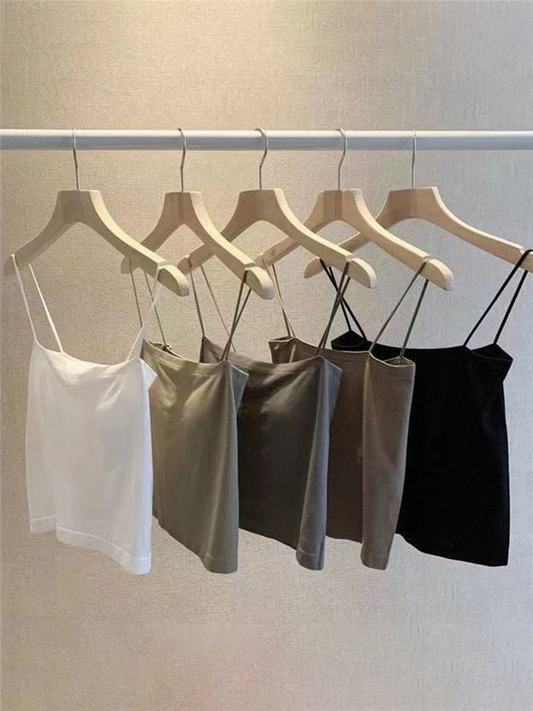 maoxiangshop Basic Spaghetti Strap Tank Top Bra Summer White Tops For Women Backless Slim Sleeveless Camisole Cropped Bandeau Tops