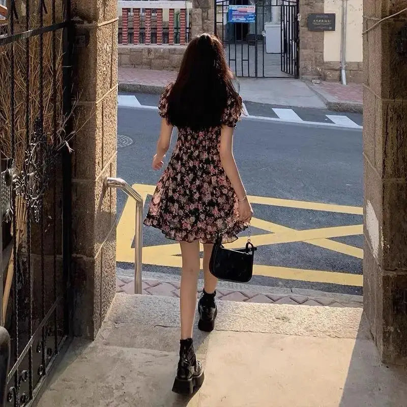 Summer New Print Floral Short Dress Women Square Collar Puff Bubble Sleeve Dresses Pleated A-line Dress