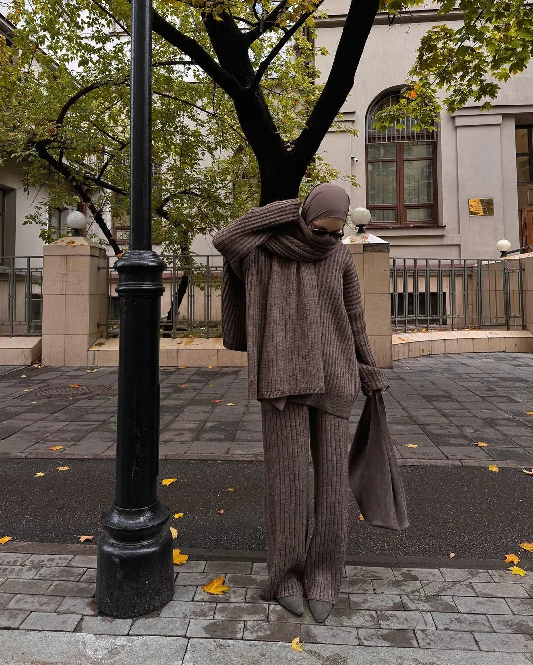 maoxiangshop - Knit Sweater Pants Set With Scarf Women Loose V-neck Long Sleeve Pullover Elastic Wide Leg Trouser Set 2024 Autumn Lady Outfits