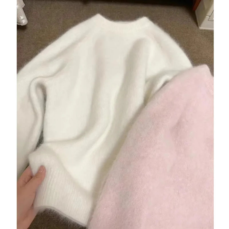 maoxiangshop - Pink Soft Knitted Sweater Women 2024 Autumn Winter New Loose Long Sleeved Top Solid Color Simple O Neck Pullover Coat Knitwear