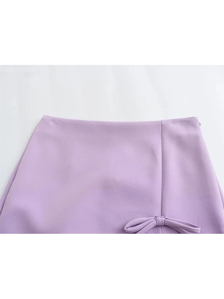 maoxiangshop - Cute Bow Knotted Spring Purple Mini Skirts 2024 Summer High Waist Casual Side Zipper Fly Straight Short Skirt