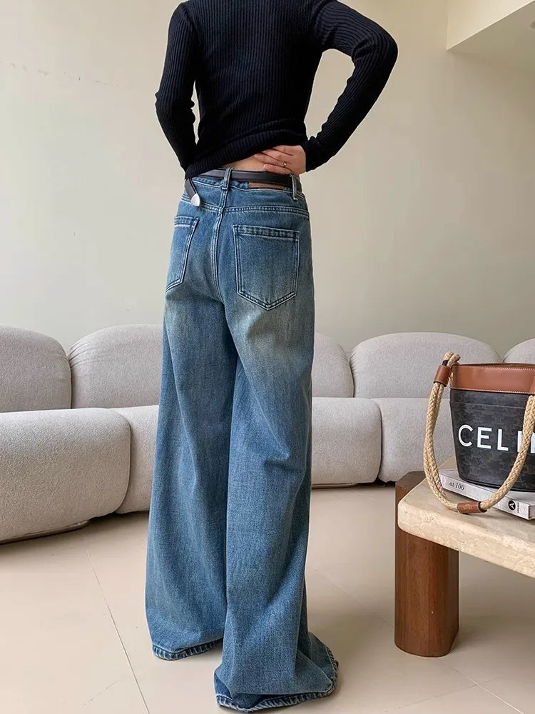 maoxiangshop - Blue Washed Casual Jeans Women'S Autumn And Winter New Straight Leg Loose Wide Leg Pants Long Pants