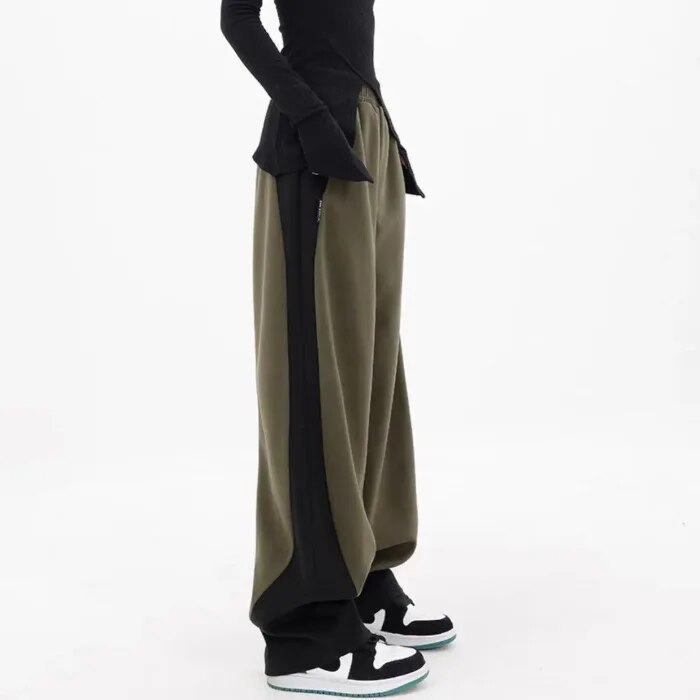 maoxiangshopHip Hop Women Contrast Color Wide Leg Pants Spring Summer Streetwear Fashion Elastic Waist Loose Sports Casual Straight Trousers