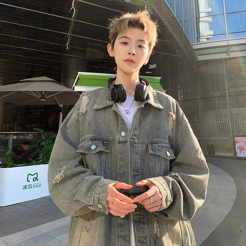 maoxiangshop FALL OUTFITS Denim Jackets Hip-hop Men's Streetwear Ripped Hole Jean Men Jackets Outerwear Denim Coats Turndown Collar Oversized Jacket