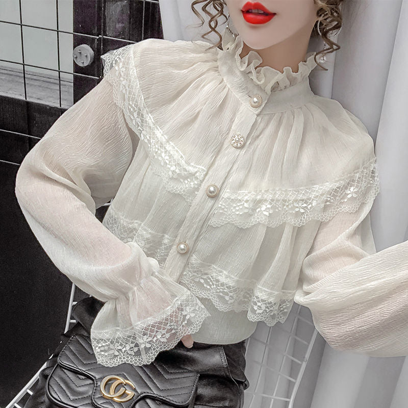 maoxiangshop Solid Patchwork Elegant Blouse Women Spring Lace Designer Chiffon Bouse Female Office Lady Casual French Korean Tops Women