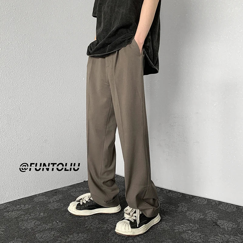 maoxiangshop Brown/Khaki/Black Suit Pants Men Fashion Society Mens Dress Pants Korean Loose Straight Wide Leg Pants Mens Trousers M-2XL