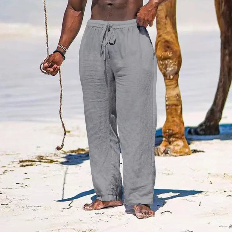 maoxiangshop Summer Cotton Pants Casual Long Fitness Breathable Pants Linen Lightweight Drawstring Yoga Beach Trousers Solid Color Mens Pants