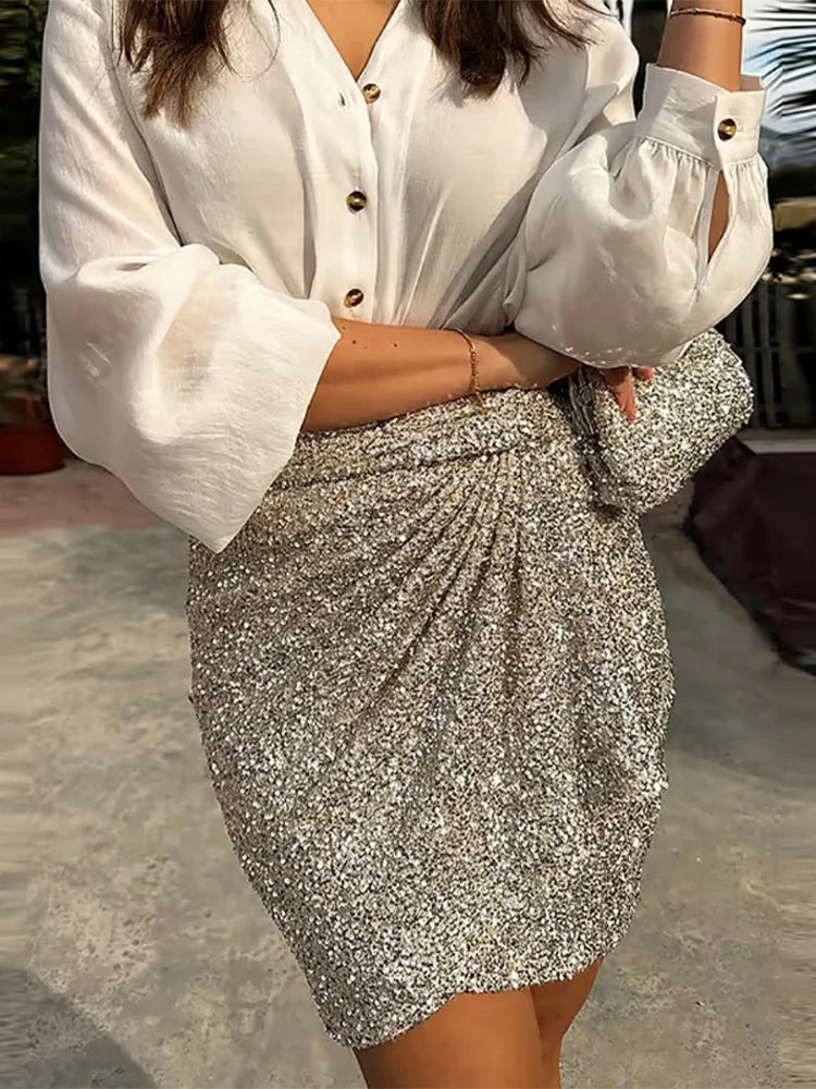 maoxiangshop - Sequin Glitter Knotted Mini Skirt Women Fashion Evening Party Split Bodycon Skirts Female Chic 2024 Autumn Colorful Club Robe
