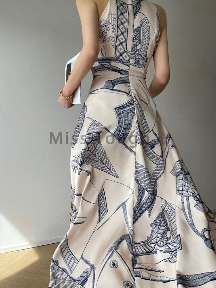maoxiangshop Print France Vintage Elegant Dress Women Sleeveless Halter Sexy Korean Retro Dresses Designed Evening Party Long Dress New