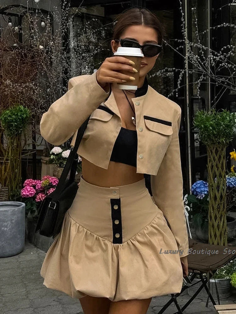 maoxiangshop - Khaki Women Street Fashion Suit Patchwork Crop Tops Shirts + Bud Skirts Two Pieces Sets Autumn 2024 Sexy Mini Skirts Outfit