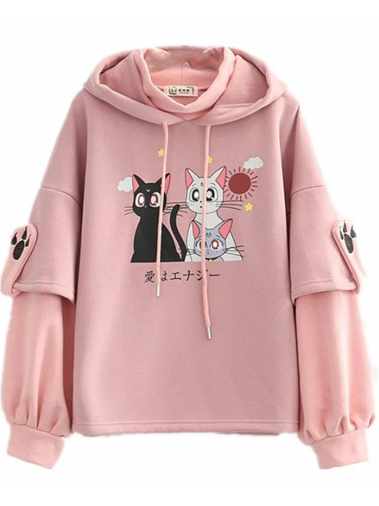 maoxiangshop Fleece Pink Winter Hooded Sweatshirt Cartoon Cat Print Cute Hoodies Sweet Style Girl Long Sleeve Kawaii Harakuju Pullover Top