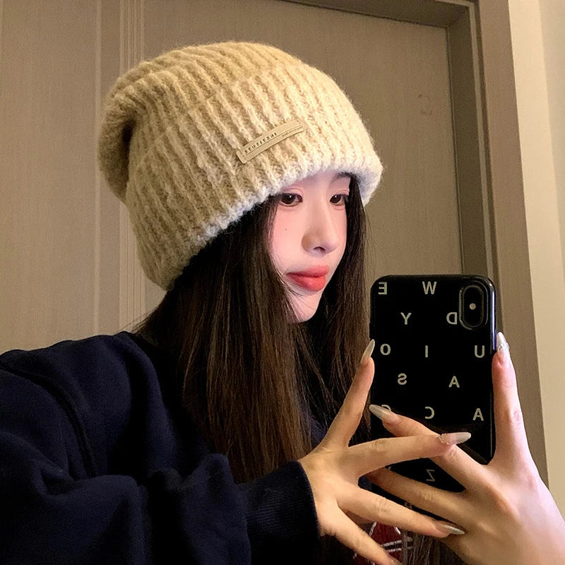 maoxiangshop - Knitted Heap Heap Beanie Hat for Women Solid Leather Label Pullover Cap Winter Thickened Warm Woolen Hats Outdoor Cycling Bonnet