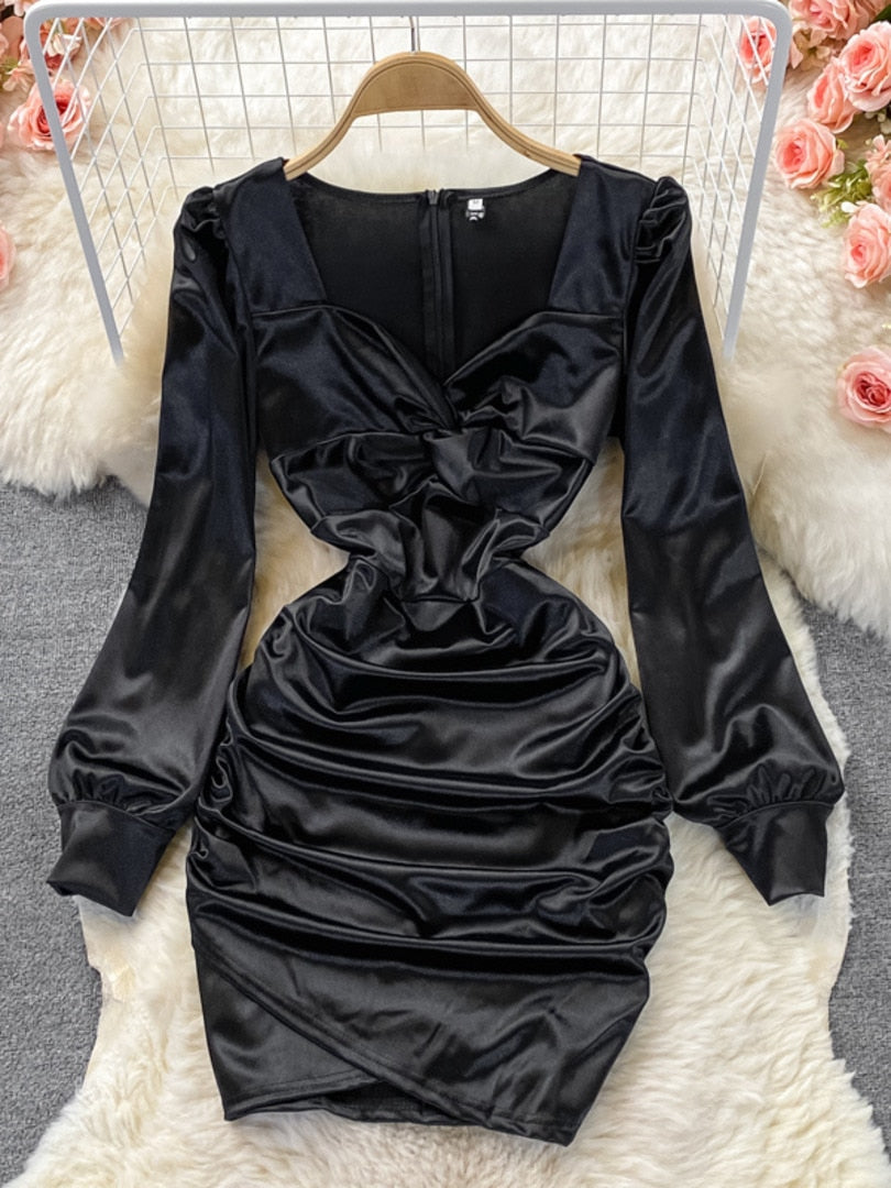 maoxiangshop Autumn New Celebrity Sexy Square Neck Satin Dresses Long Sleeve Women White Hip Wrap Slim Pleated Mini Short Dress