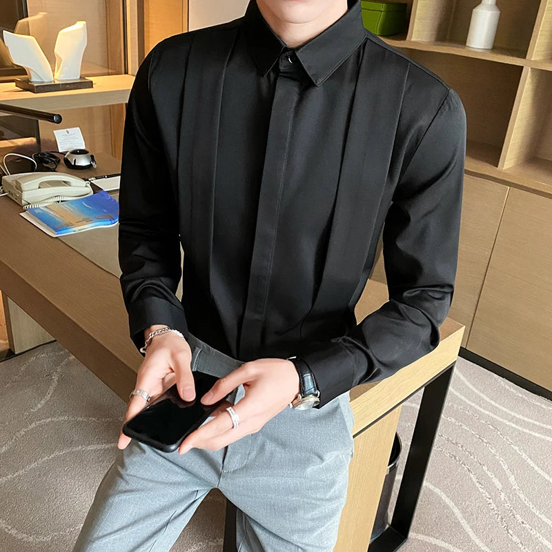 maoxiangshop British Style Fashion Fold Design Tuxedo Shirts Men Long Sleeve Slim Fit Casual Shirt Social Party Tops Plus Size 4XL 5XL