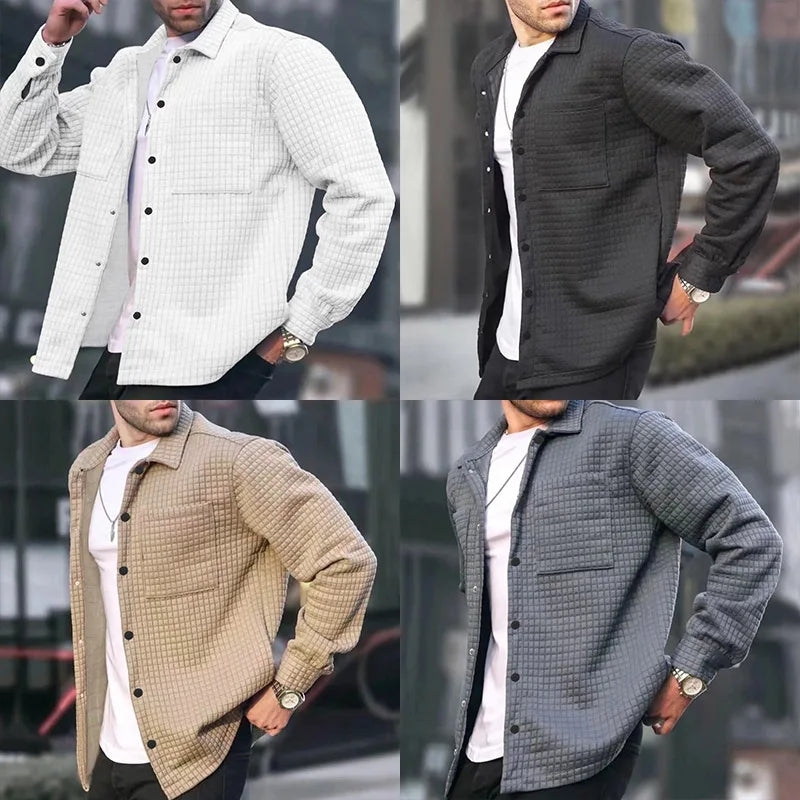 maoxiangshop Autumn Men Cardigan Small Checkered Long-sleeved Coat Shirt Men's Fashion Casual Large Size