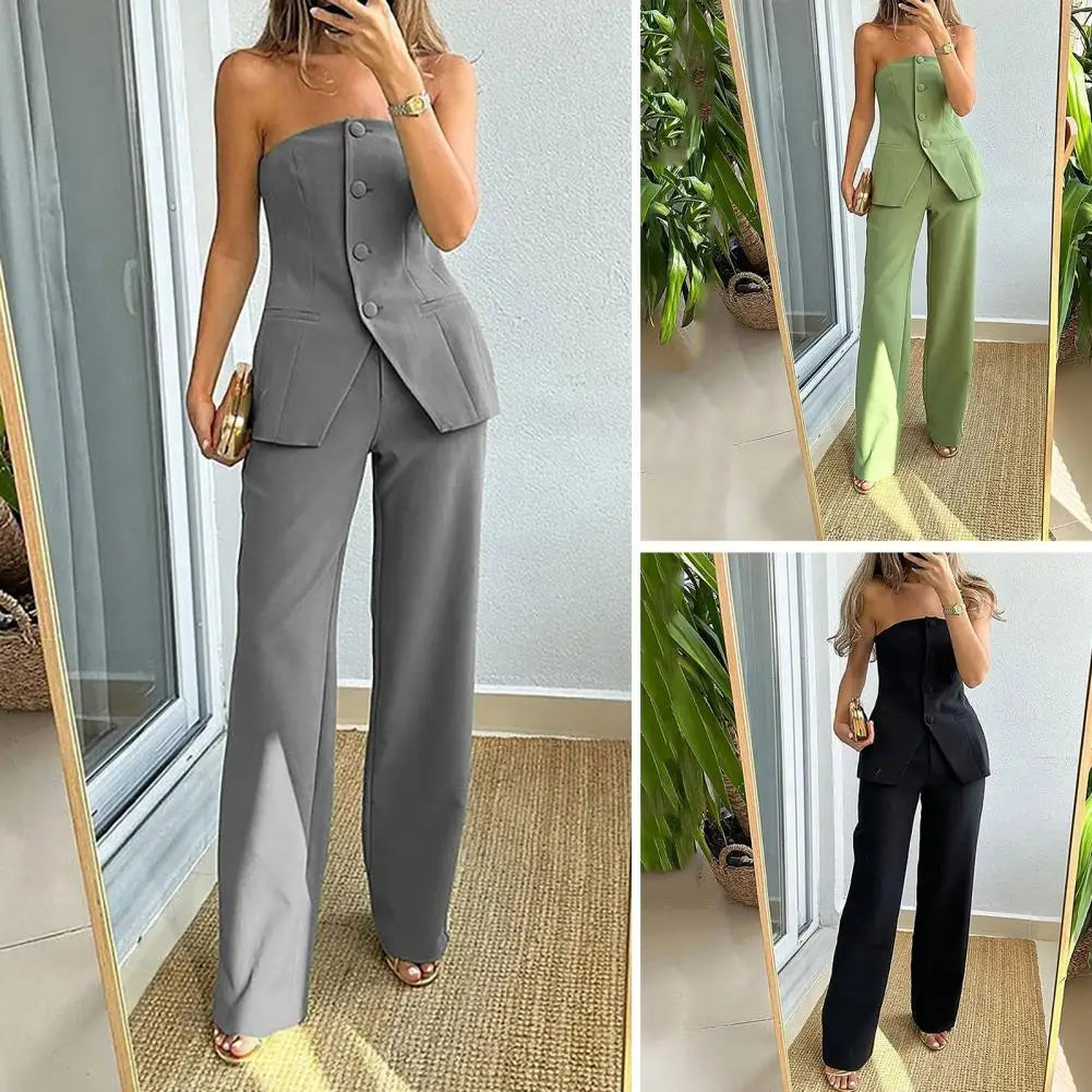 maoxiangshop Trousers Set Tube Top Trousers Set Elegant Bandeau Top High Waist Wide Leg Pants Set for Women Single Breasted Off for Office