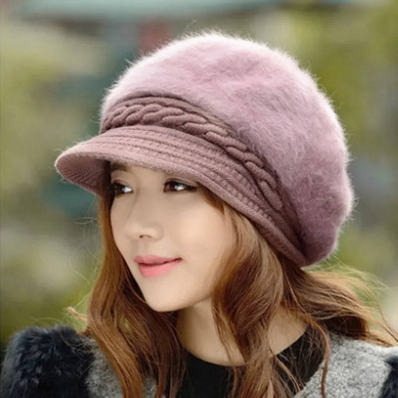 maoxiangshop New Women Beret Hats Fashion Winter Warm Rabbit Fur Knitted Beanie Ladies Female Casual Fleece Berets Cap bonnet hiver femme
